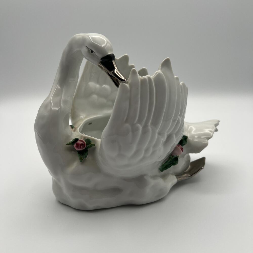 Vintage Dresden White Swan Vase with Pink Roses